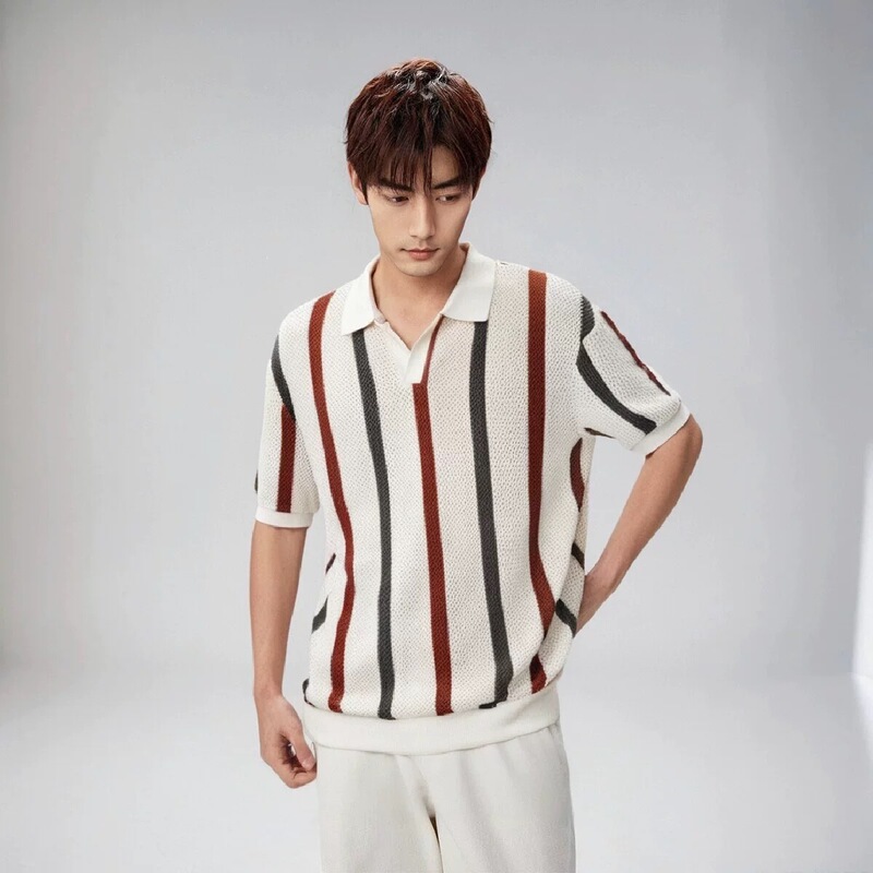 Men's Short-Sleeved T-Shirt, Summer Simple Designer Style, Geometric Color-Blocked Stripesd Polo Knitwear, Light and Sophisticated Style Top