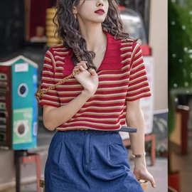 红色条纹polo衫正肩短袖针织T恤女夏季新款复古港风chic港味上衣