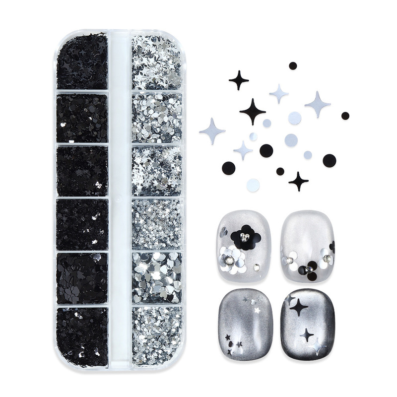 Summer 12-Grid Silver and Black Mini Mixed Nail Art Sequins, Sparkling Heart, Star, and Round Glitter Nail Accessories Wholesale