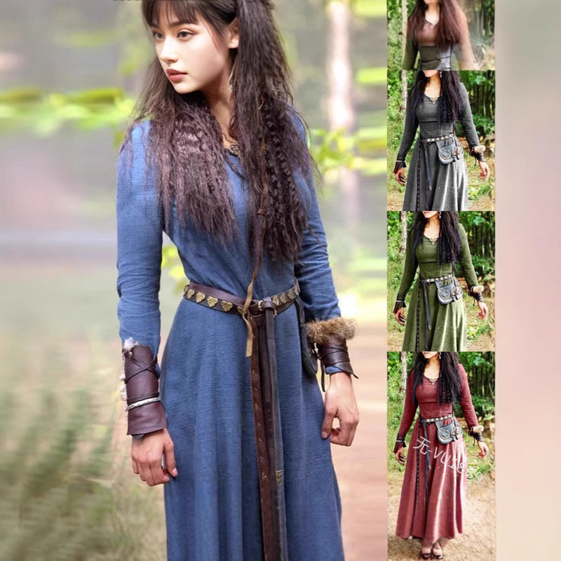 European and American Medieval Retro Round Neck Long-sleeved Slim-fit dress Renaissance Long cosplay Performance Suit for Women