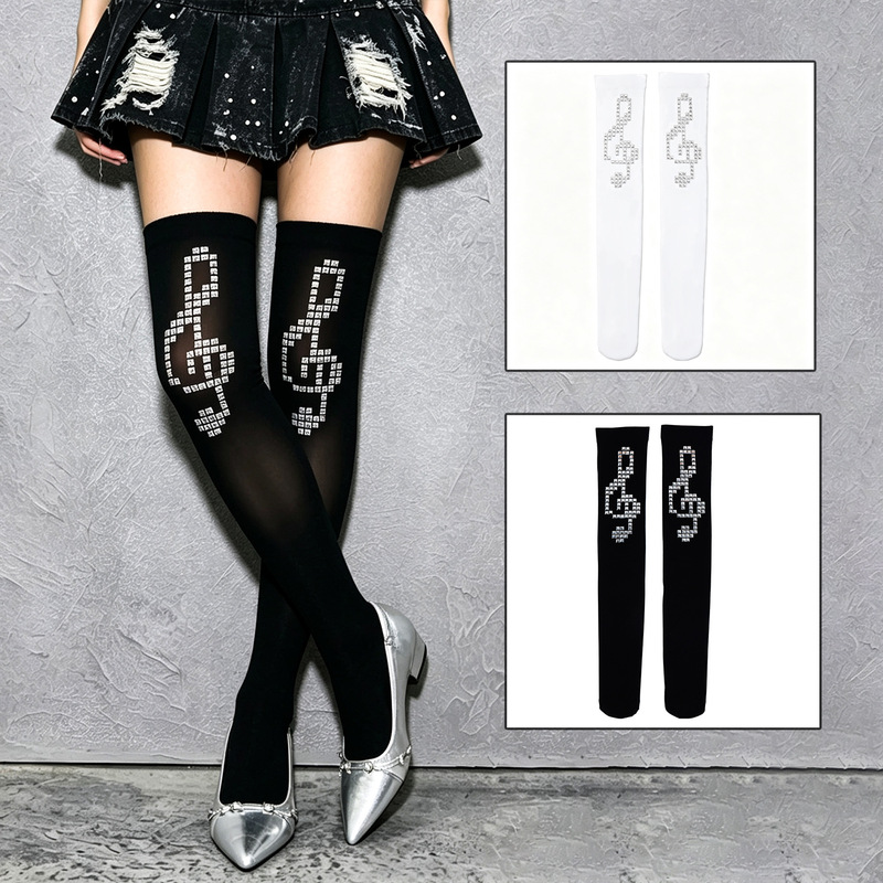 Cross-border dark gothic style velvet over-the-knee socks with musical note rhinestones, Y2K fashion slimming punk style high-tube socks Cross-border dark gothic style velvet over-the-knee socks with musical note rhinestones, Y2K fashion slimming punk style high-tube socks