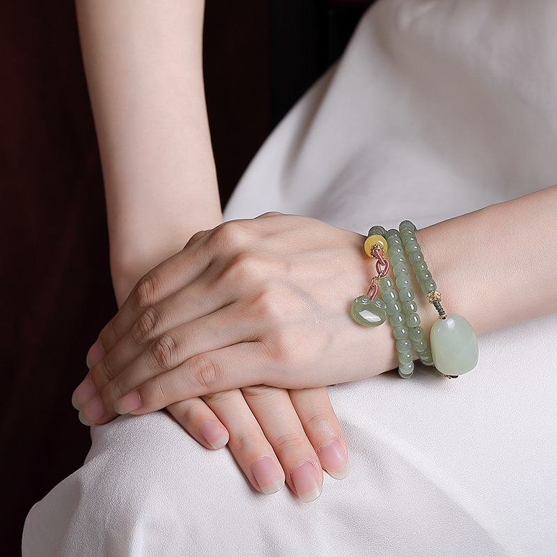 Vòng tay hai lớp bạc S925 mạ vàng kết hợp hạt ngọc bích và đá sapphire, charm Ruyi khí chất — Một chiếc