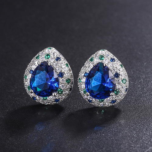 Zhuang Sheng Sheng Jewelry Western European Style Imitation Tanzanite Sapphire Drop-Shaped Color-Matched Ring Earrings Pendant Set 10*12