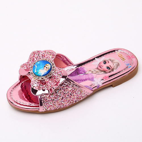 Children's slippers 2024 summer new style girls Elsa Princess Korean version girls' home indoor and outdoor rhinestone flat shoes