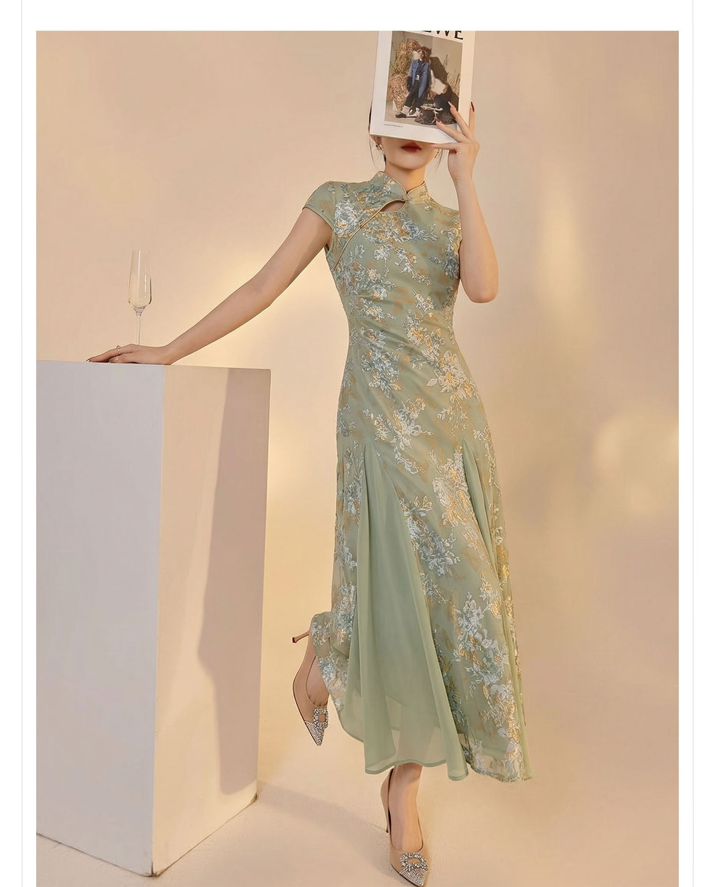 Váy sườn xám cổ đứng họa tiết jacquard chạm rỗng phong cách Tân Trung Hoa mùa hè — Xanh lá cây nhạtcolor chi tiết 15