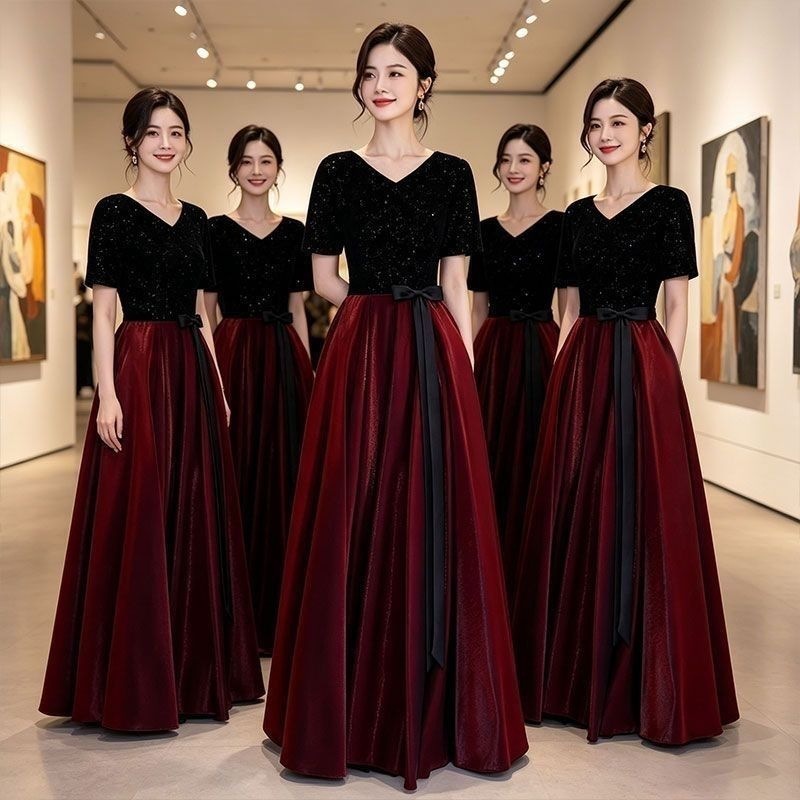 Warm Maple Leaf Choir Performance Costume: Women's Long Dress, Elegant Chinese Style, Hostess Evening Gown, Student Conductor, Red Song