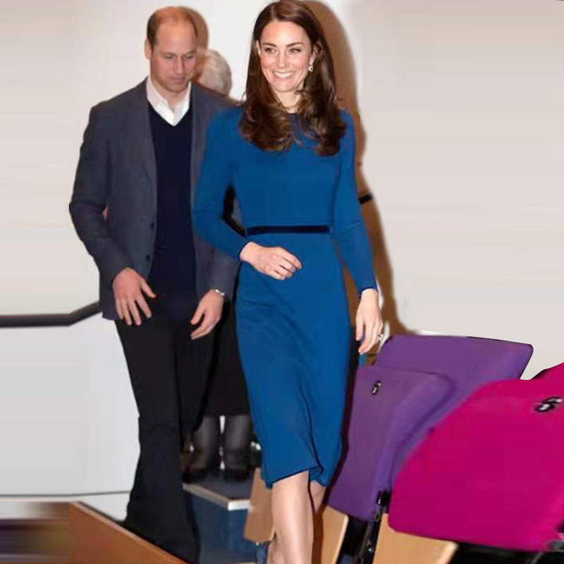 Princess Kate's 2021 Early Spring New Women's Crewneck Long Slim-fit Elegant Blue Roman Knit Dress