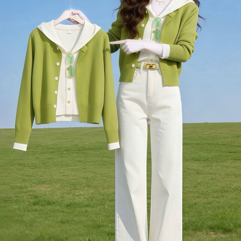 Spring and Autumn New Style Fake Two-Piece Hooded Long-Sleeve Sweater for Women, Korean Version, Age-Reducing Color-Blocking Knit Cardigan, Slimming Outerwear Spring and Autumn New Style Fake Two-Piece Hooded Long-Sleeve Sweater for Women, Korean Version, Age-Reducing Color-Blocking Knit Cardigan, Slimming Outerwear