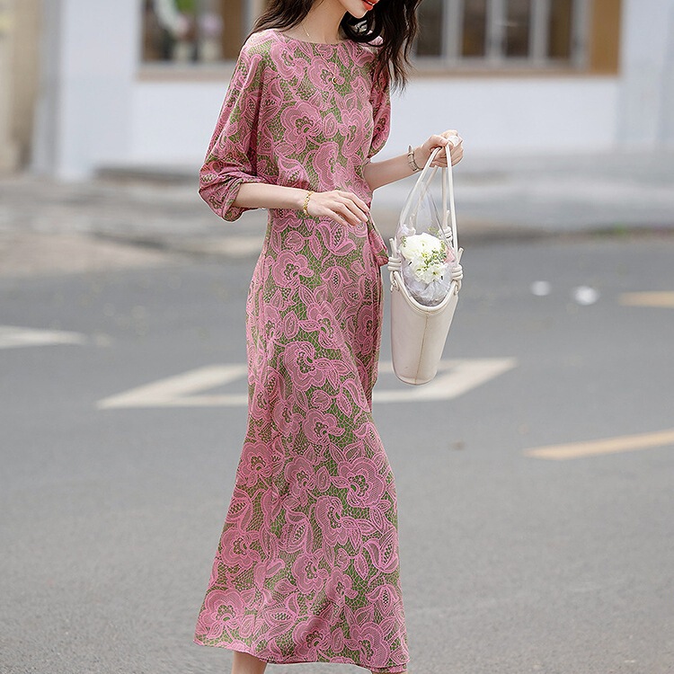 Elegant Retro Printed Tea Break Dress for Women 2026 Summer New Style One-Shoulder Strap Waist-Cinching Long Dress