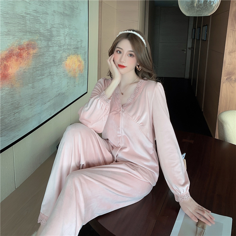 Pajamas for Women 21 New Autumn and Winter Korean Velvet Super Soft Thickeneded Sexy Palace Style Lace Long-Sleeved Suit Home Wear