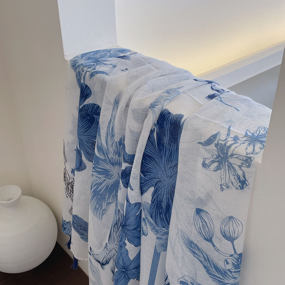 Classic blue summer thin scarf with tassels