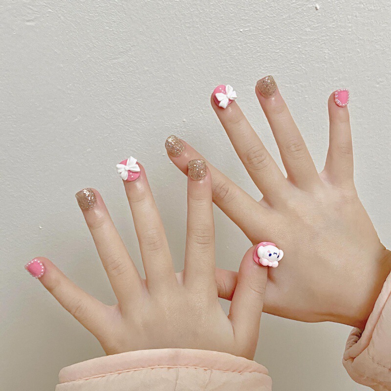 [Children wear nail] children's nail pink bow manicure cute children wear nail manicure repeated use