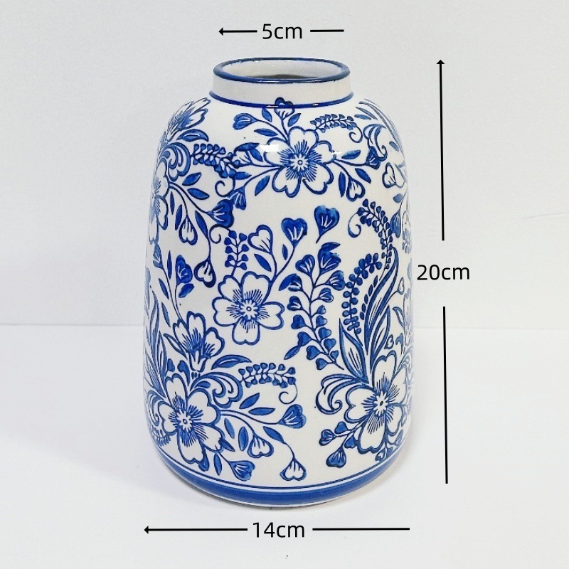 高級感のある新中式レトロな青花磁器の花瓶、フラワーアレンジメント、水栽培の花、リビングルームや玄関の装飾品