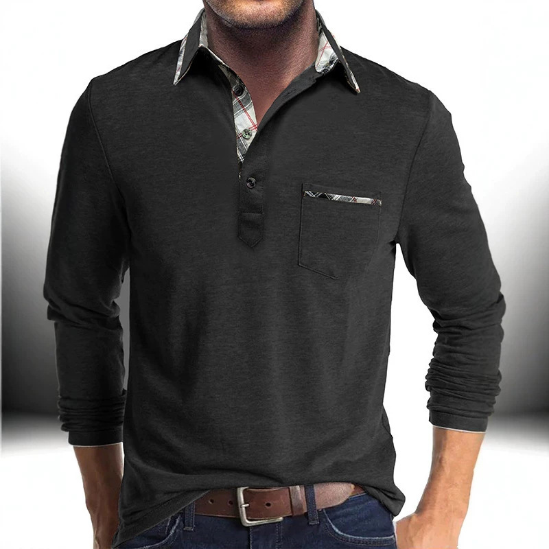 European and American long-sleeved polo shirts, men's polo shirts for export, cross-border autumn and winter base layer tops, wholesale plaid polo shirts
