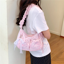 韩版少女高颜值蕾丝蝴蝶结单肩包女生甜美粉色格子轻便腋下饺子包