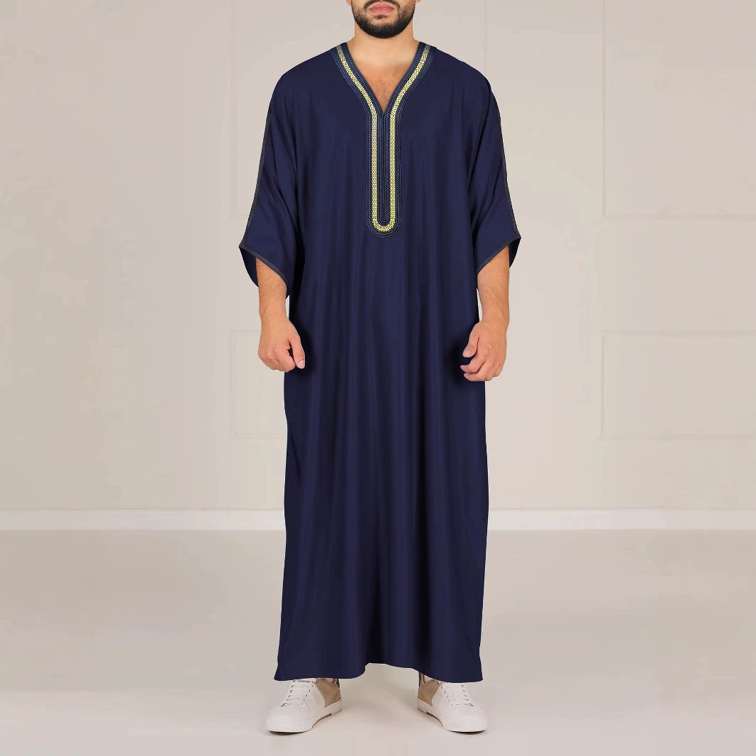 2025 новый ближневосточной трансграничной внешней торговли мусульманский средний рукав вышивка национальный стиль марокканский мужской халат боковой карман