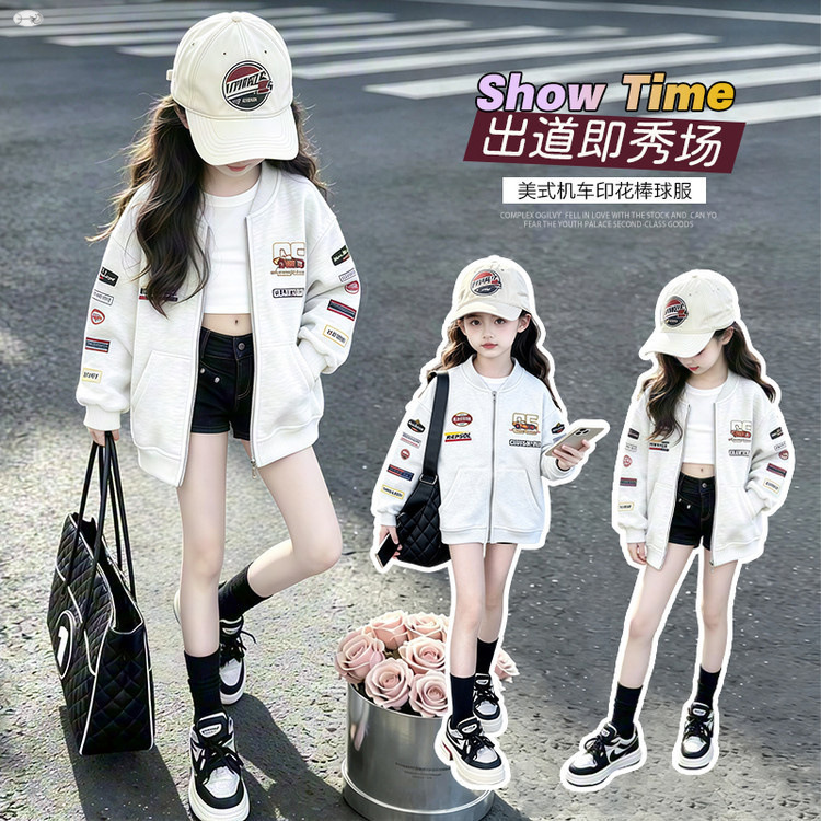 Girls' baseball jacket 2026 autumn new style for older children, Korean fashion American motorcycle print jacket trendy Girls' baseball jacket 2026 autumn new style for older children, Korean fashion American motorcycle print jacket trendy
