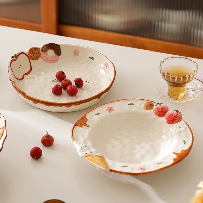 Shanghai-Style Sweet and Cute Hand-Painted Instagram-Worthy Ceramic Tableware Set, Household Bowls and Plates, Noodle Bowl and Spoon