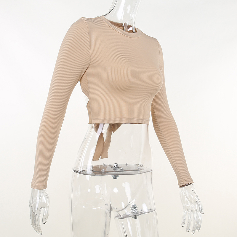 Casual Solid Color Round Neck Long Sleeve Regular Sleeve Patchwork Backless T-shirt