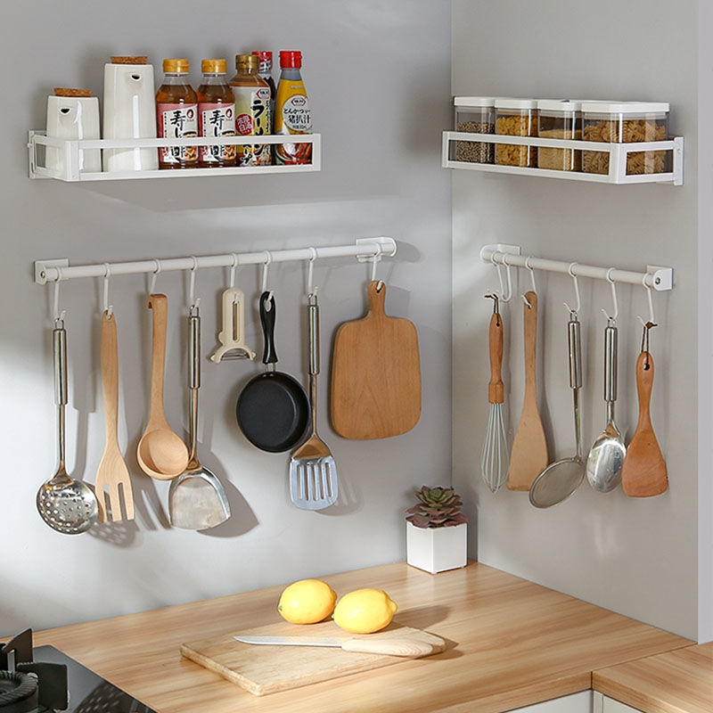 kitchen Suspender Punch holes white Hooks Shelf stainless steel thickening wall Kitchenware pylons Row hook Storage rack