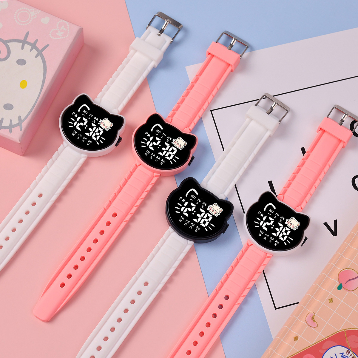 Hot-Selling Cute Cat Led Elementary School Student Watch, Fashionable Girls' Korean-Style Cartoon Electronic Watch, New Model Wholesale