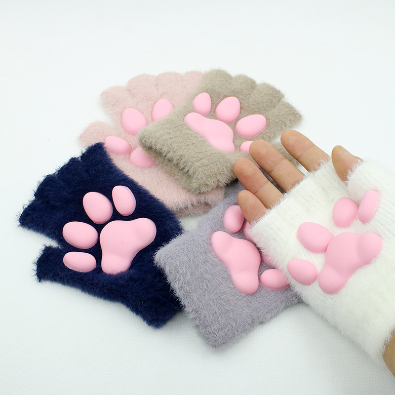 3D硅胶猫爪手套 可爱猫咪毛绒手套女生露指仿貂毛猫爪保暖手套