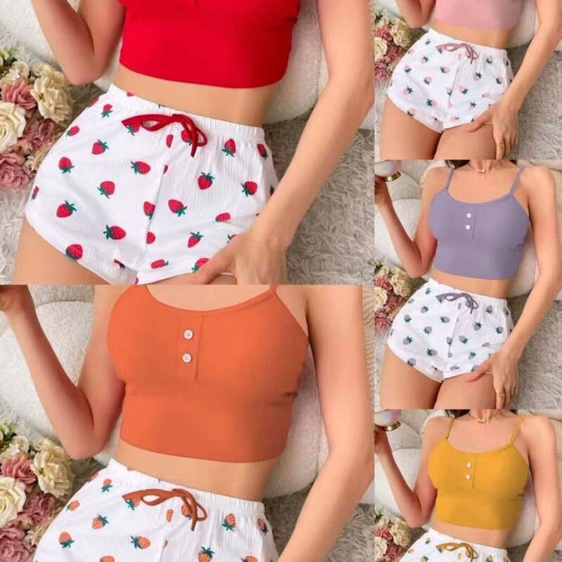 Hot-Selling Cross-Border Home Wear Printed Camisole Shorts Casual Sexy Ribbed Design Suitable for Outerwear European and American Style Women's Pajamas Hot-Selling Cross-Border Home Wear Printed Camisole Shorts Casual Sexy Ribbed Design Suitable for Outerwear European and American Style Women's Pajamas