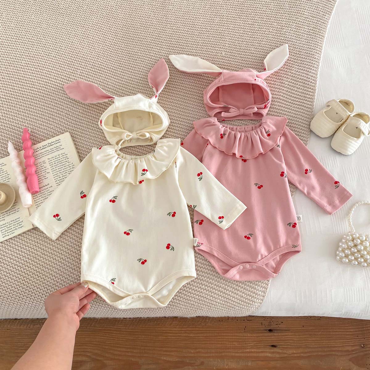 Ropa de otoño para bebé, estilo coreano, pelele para recién nacida, mono de princesa para bebé, pelele de luna llena, traje de gateo con estampado de cerezas