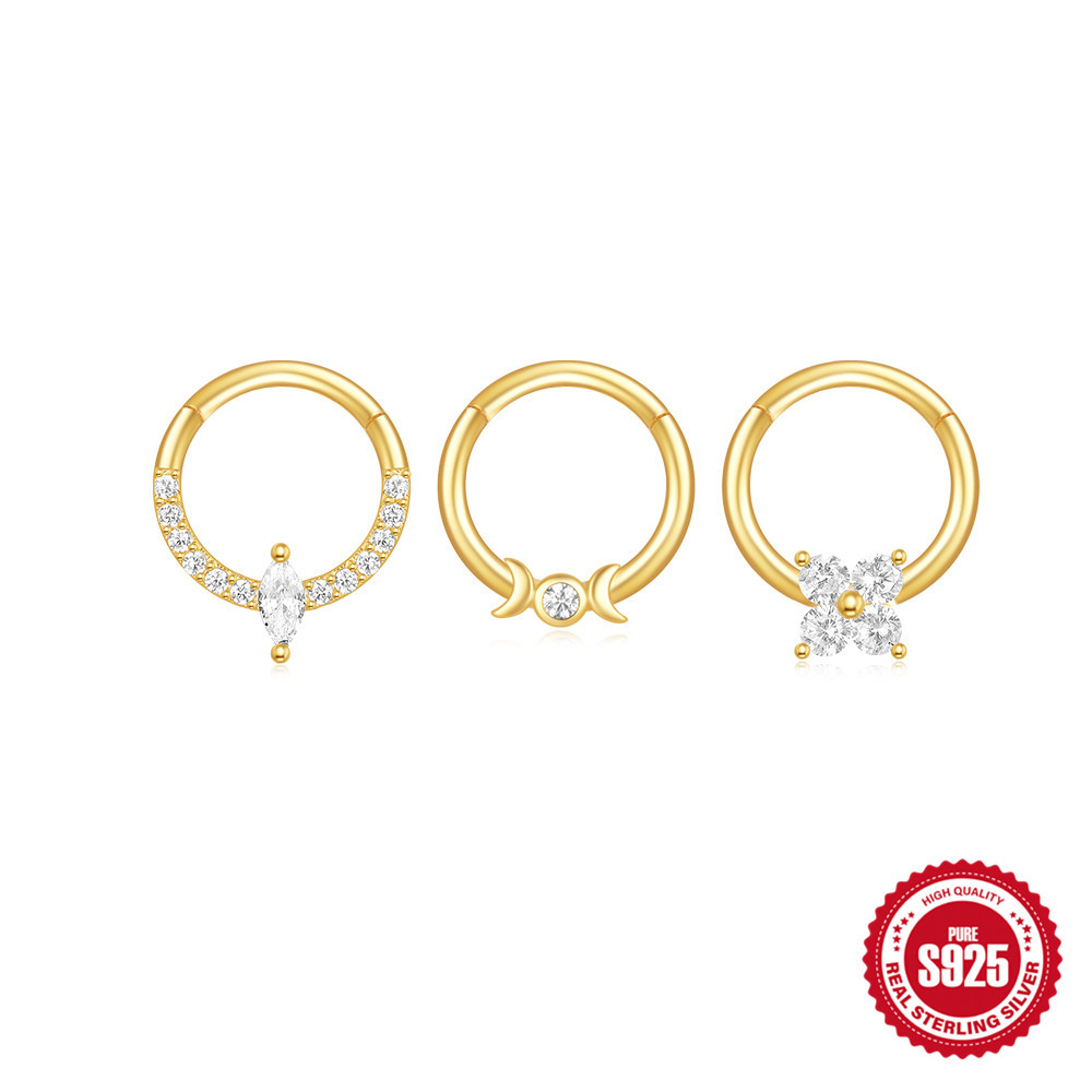 Elegante y simple s925 plata esterlina personalidad geométrica ojo de caballo luna con diamantes punción de cartílago a juego diario anillo de hueso de la oreja