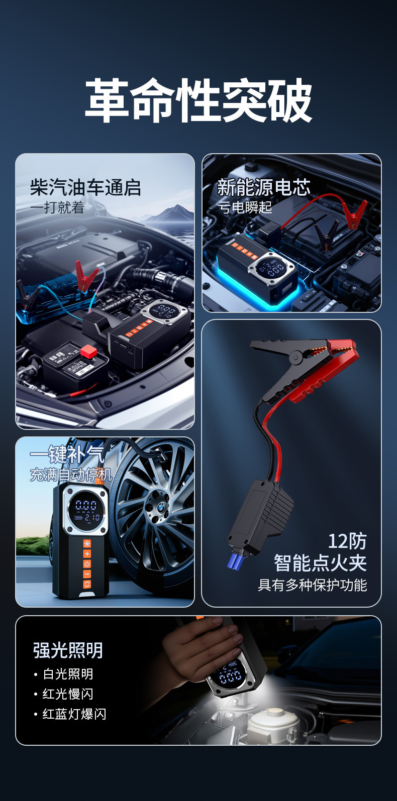 Tire Inflator and Emergency Jump Starter All-In-One Device 12V Car Battery Booster and Power Bank