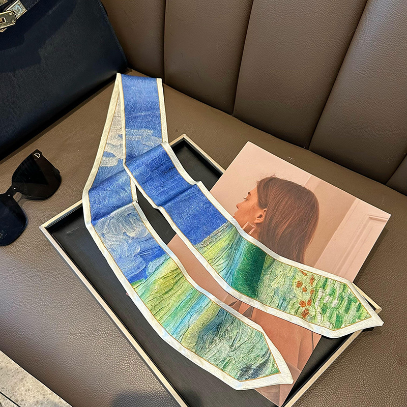 Pequeña correa de cabello para mujeres nuevos estilo coreano inins de moda pinturas al óleo de punta pies pequeños pañuelos largos para atar bolsos cinturón para atar bufandas de cabello