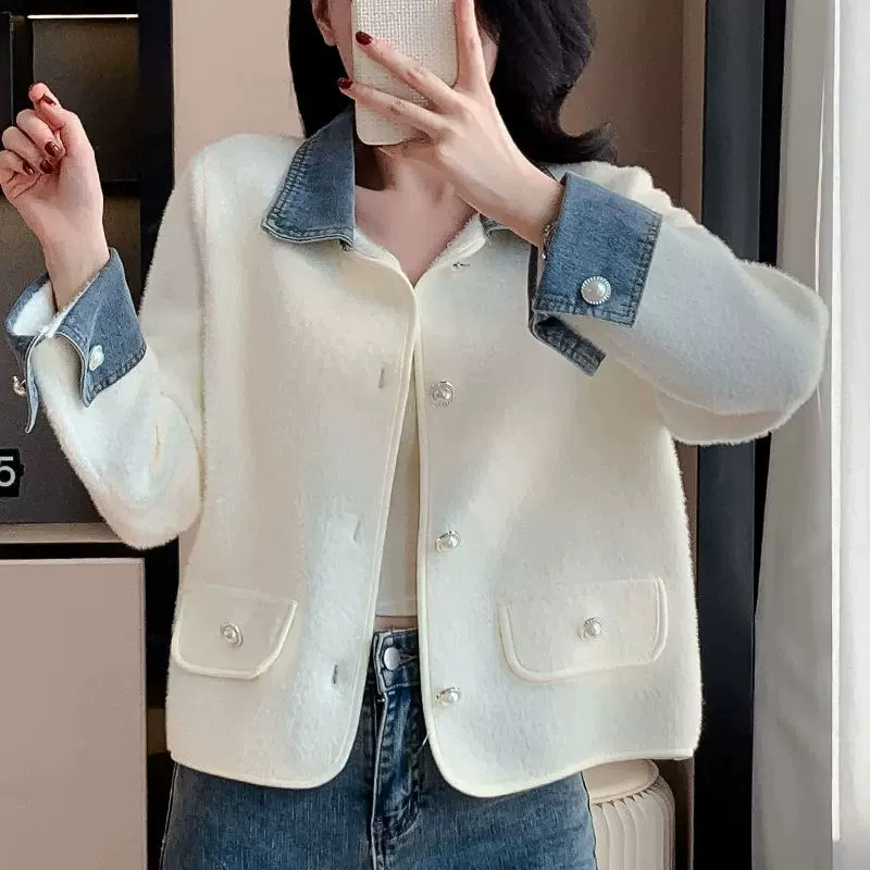 小香风外套牛仔拼接韩系25秋冬新款针织衫时尚翻领气质百搭毛衣女