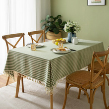 跨境日韩棉麻布艺格子桌布小清新田园风小格子流苏台布盖布巾批发