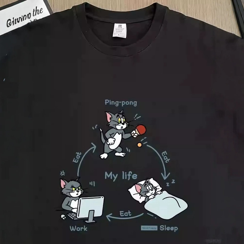 【Ping Pong Jerry+Tom Three Points in a Line】Pure Cotton Short-Sleeve Loose Large Size Half-Sleeve T-Shirt Creative Unisex 12