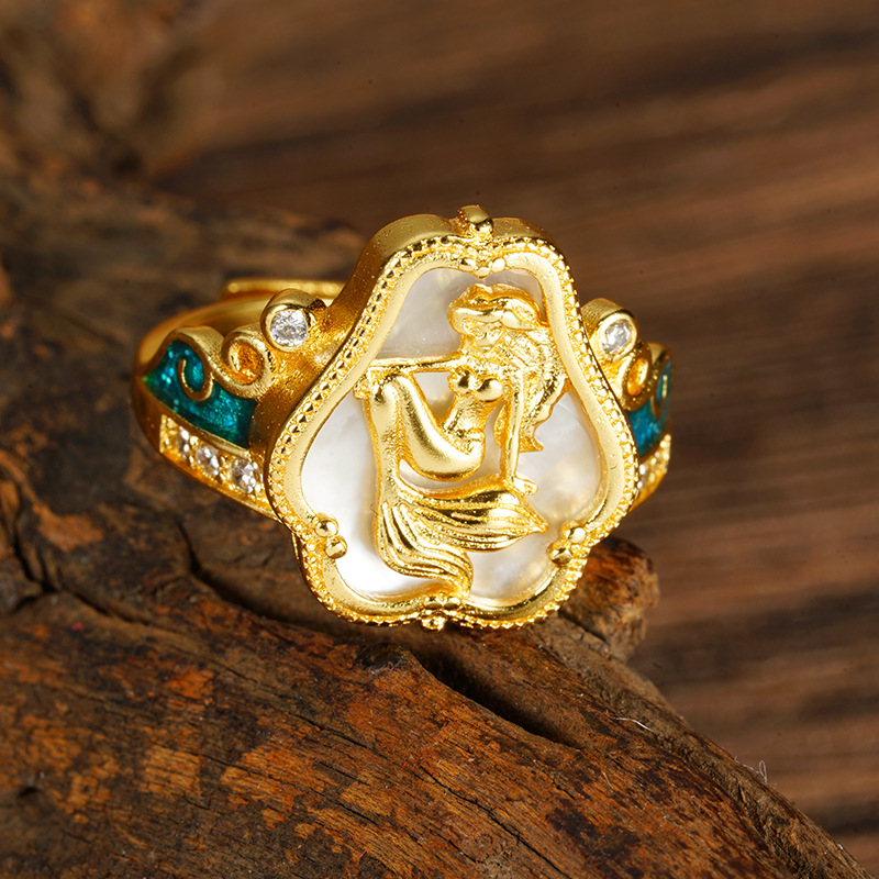 Anillo de sirena dorada de arena de Vietnam personalidad dulce joyería de corona de princesa sirena dorada ajusta el estilo popular