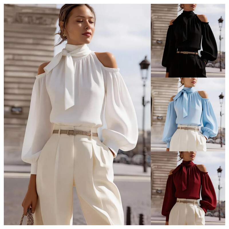 2026 European and American Cross-Border Women's Fashion Hot-Selling Items: Ribbon Stand-Collar Shirt, Sexy Off-Shoulder Lantern Sleeve Elegant Versatile Top 2026 European and American Cross-Border Women's Fashion Hot-Selling Items: Ribbon Stand-Collar Shirt, Sexy Off-Shoulder Lantern Sleeve Elegant Versatile Top