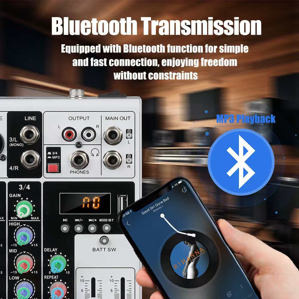 Transfronterizo cuatro perilla RGB pequeña mezcladora Bluetooth con efecto de reverberación micrófono K canción conferencia de rendimiento de escenario