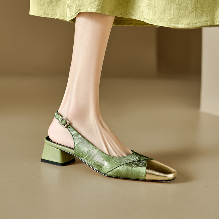 Sandal bít mũi nữ da bò phối màu gót thô 5 cm — Màu xanh lá, Màu mơ chi tiết 22