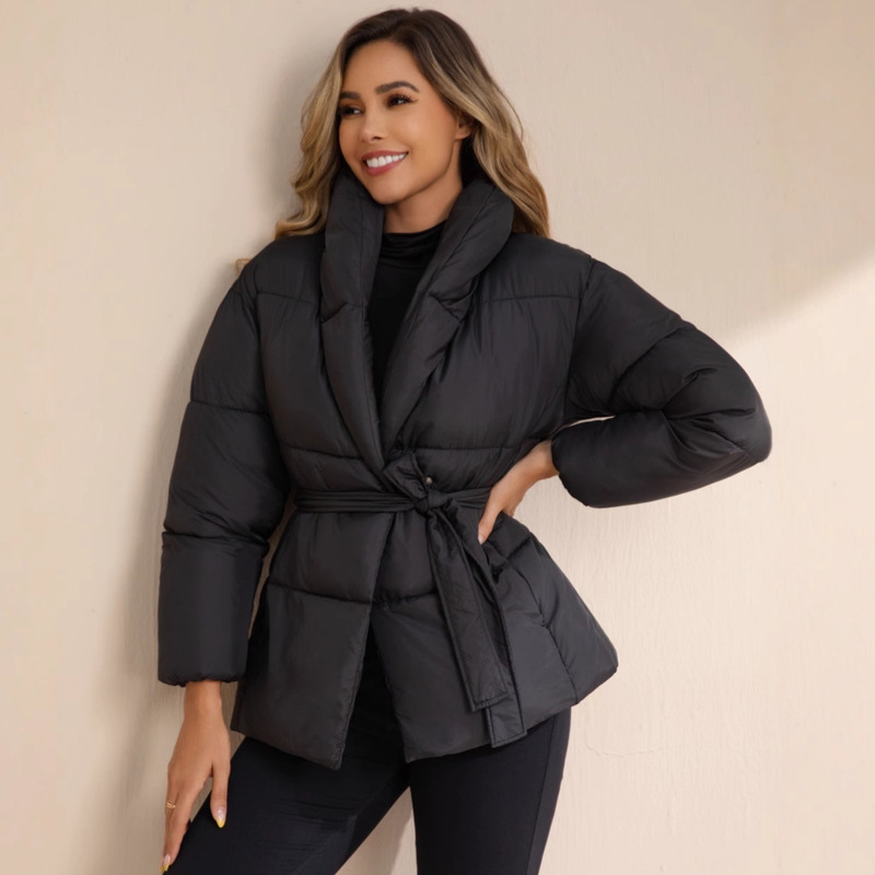 Foreign Trade 2026 Winter New European and American Style Short Cotton Coat for Women, Thickened, Waist-Cinched, Turn-Down Collar Cotton Jacket