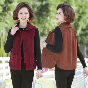 Middle-aged and elderly women's corduroy vest 2023 new autumn grandma's waistcoat fashion buckle lapel vest