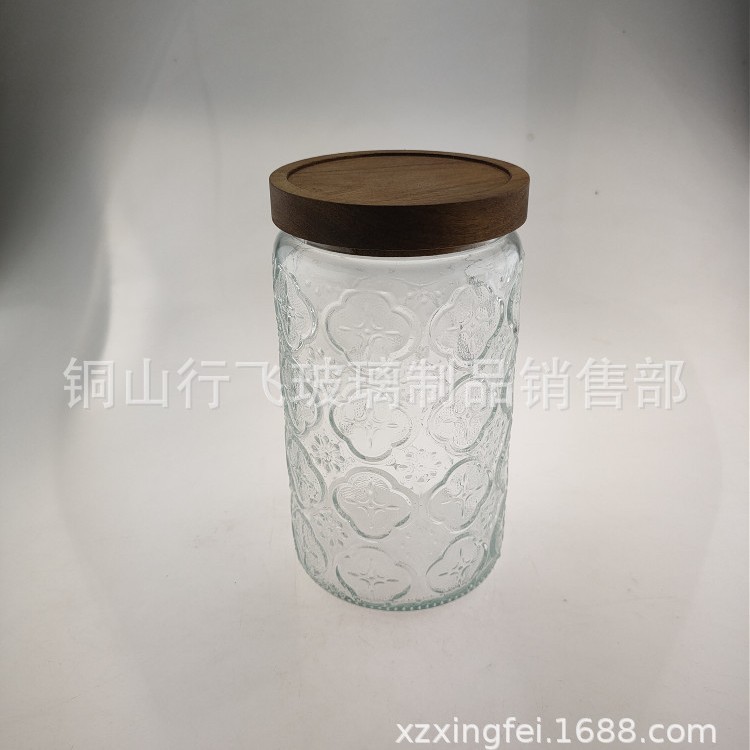 Frasco de vidrio de 1000ml con relieve de begonia y tapa de bambú, para almacenar té o granos