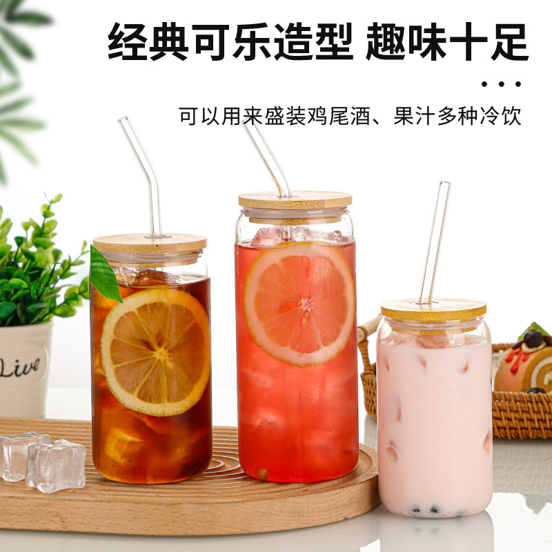 亚马逊跨境可乐杯竹盖高硼硅玻璃吸管杯高颜值透明水杯16oz饮料杯