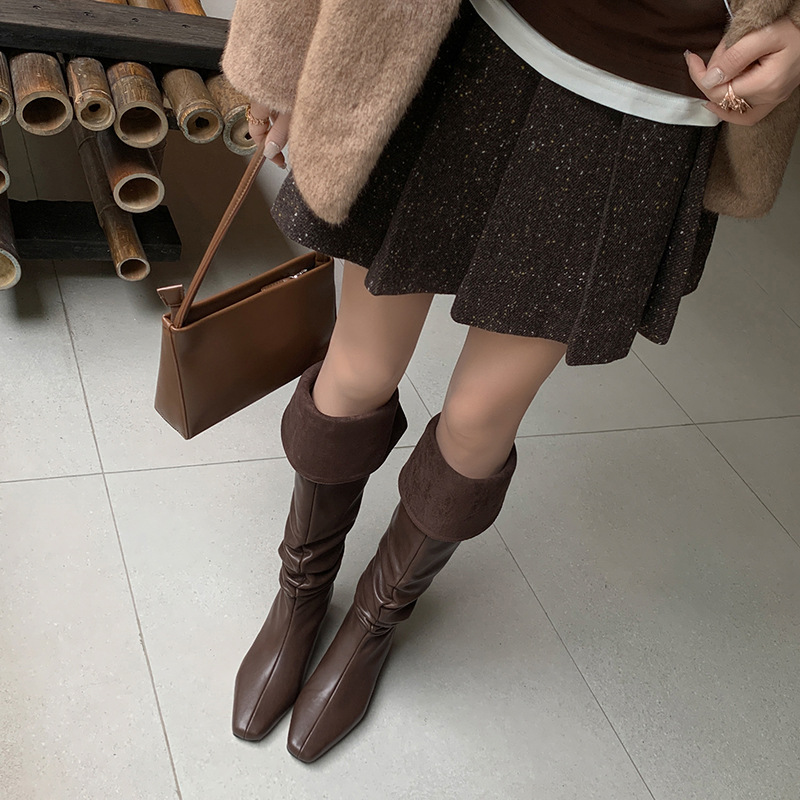 Boot nữ cổ cao quá gối da thật mũi vuông gót xuồng tăng chiều cao — màu nâu, màu đen