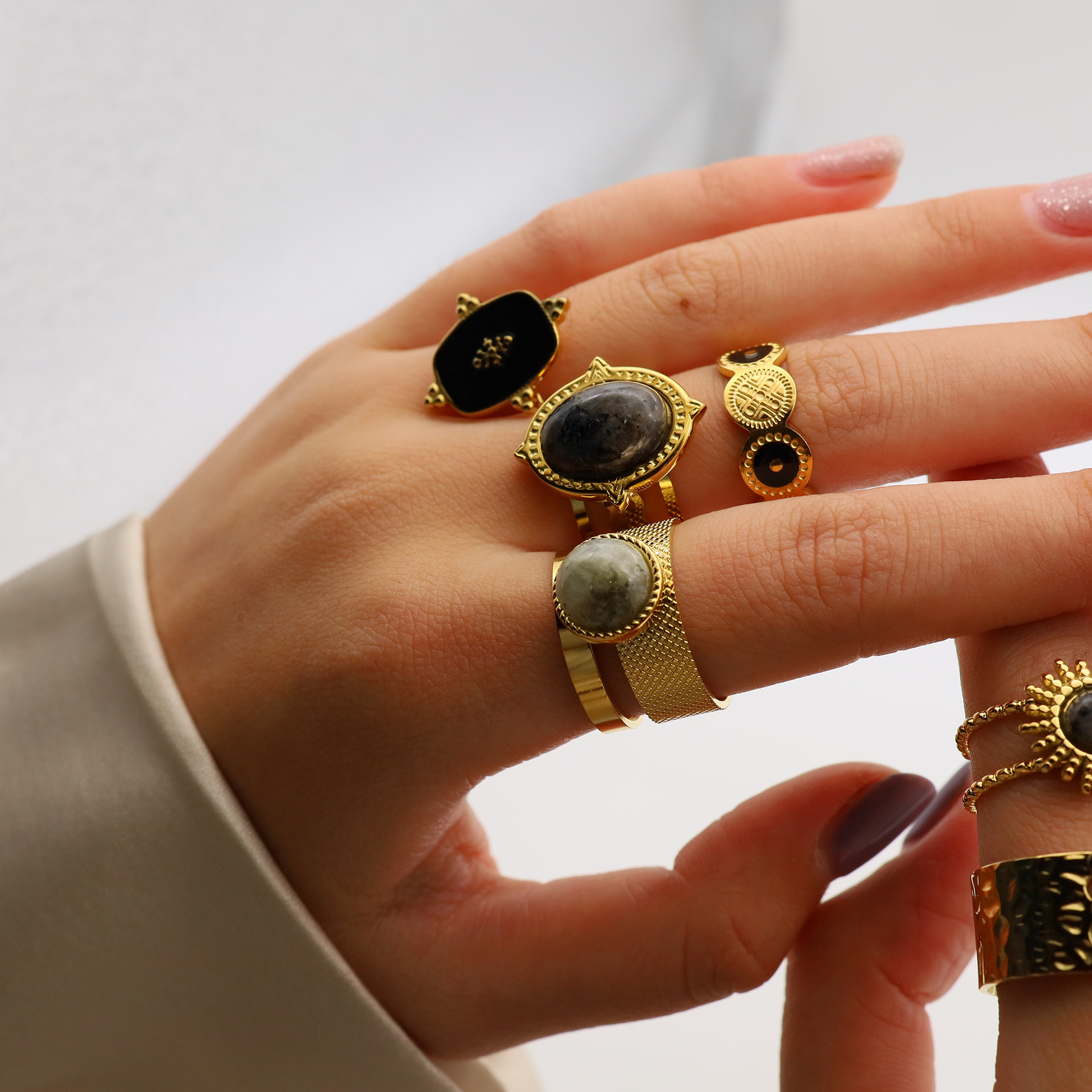 Designer Titanium Steel Open Ring Vintage Gold Hand Decorated_voghion.com