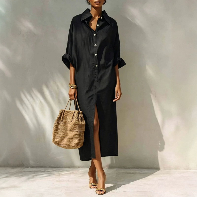 In-Stock 2026 European and American Cross-Border Amazon Independent Site Western Bohemian Split Button Cotton-Linen Dress