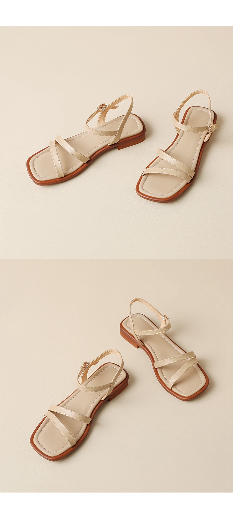 Sandal hở mũi quai ngang da bò gót thấp mũi vuông nữ kiểu mới — Màu nâu chi tiết 14
