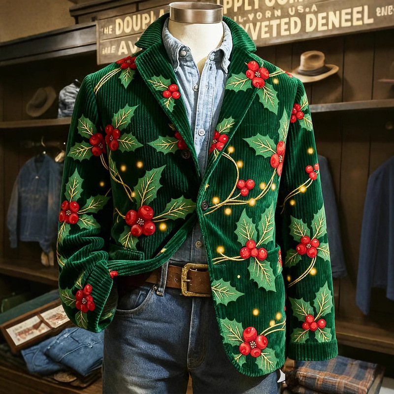 2025 Autumn and Winter New Men's 3D Printed Retro Fashion Trend Suit Collar Jacket Suit Top