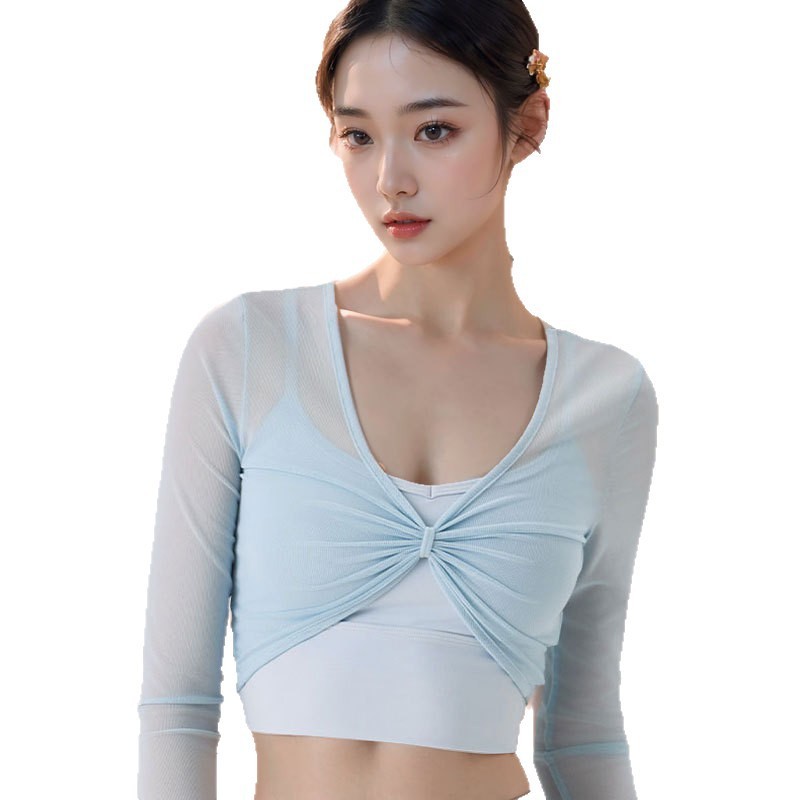 蝴蝶结网纱瑜伽服长袖罩衫修身显瘦运动背心带胸垫可外穿健身服女|undefined