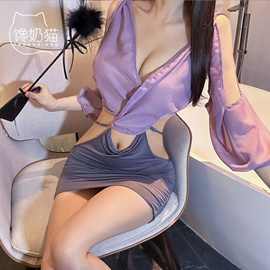 馋奶猫情趣内衣性感深V透视侧开露腰女神夜店秘书套装制服X81