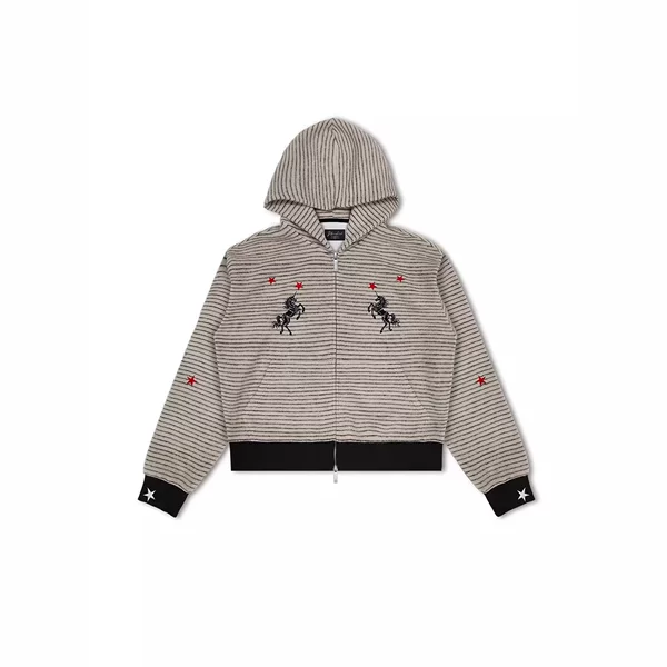 American High Street Style Red Star Unicorn Embroidered Zip-Up Hooded Sweatshirt for Women, Early Spring Retro Striped Casual Short Wide Jacket